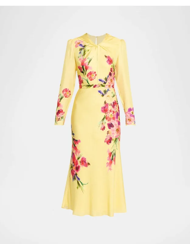 Floral Silk Long-sleeve Fluted Midi Dress