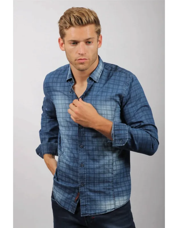 Checkered Button Down Denim Shirt