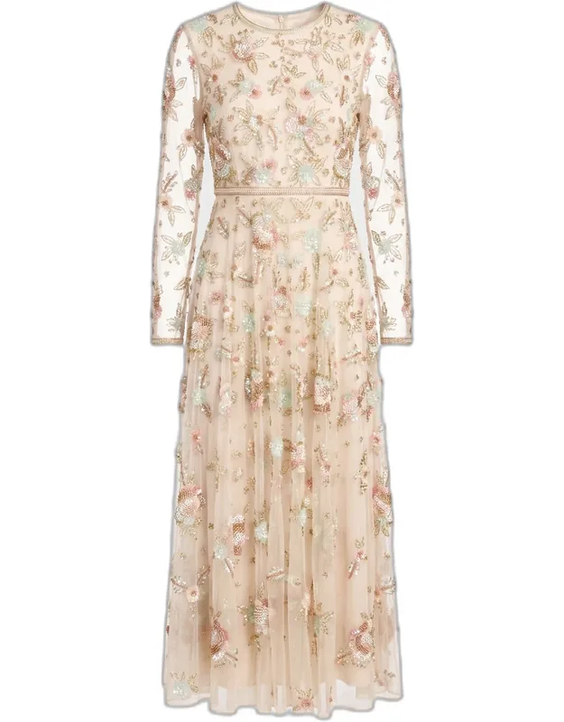 Floral Beaded Mesh Midi Dress