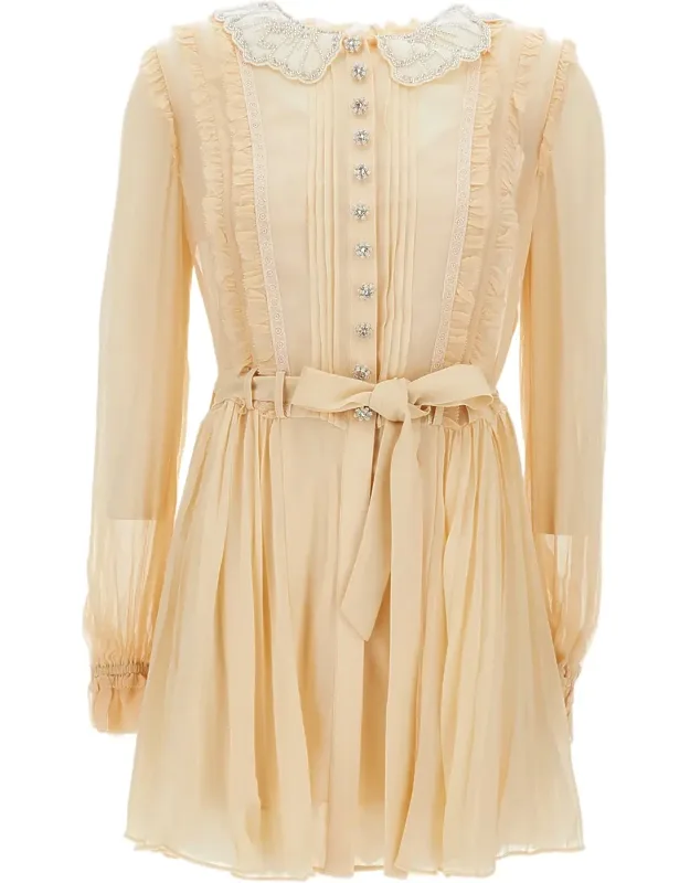 Pleated Mini Dress With Embellished Collar And Jewelled Detailing