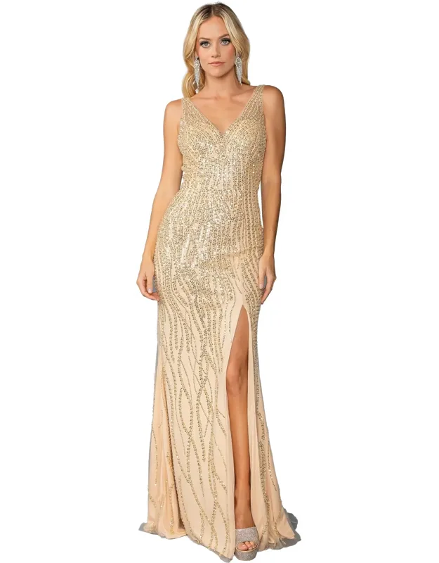 Sequin-embellished Gown With V-neckline And High Slit Detail