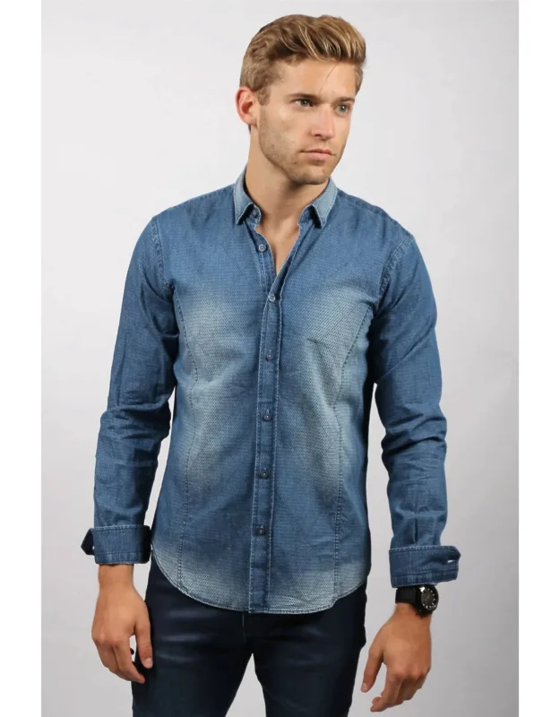 Pattern Stone Wash Denim Button Down Shirt