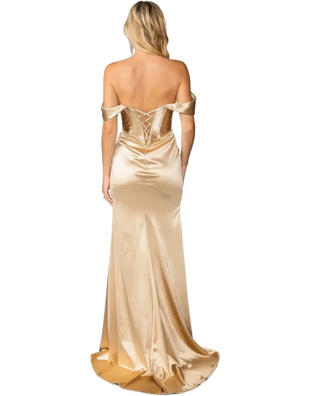 Satin Off-shoulder Gown With Draped Sleeves And Corset-style Lace-up Back Prom Dress