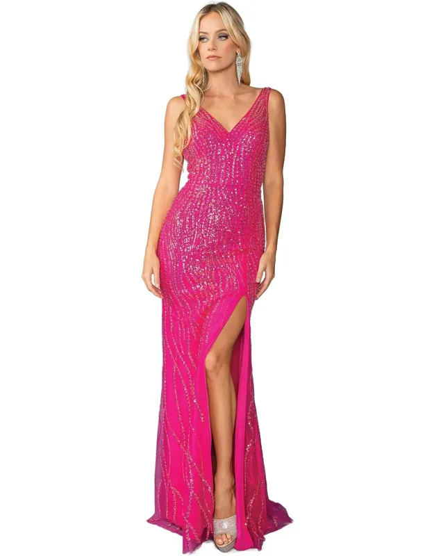 Sequin-embellished Gown With V-neckline And High Slit Detail