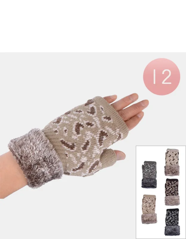 Leopard Pattern Knit Fur Fingerless Gloves