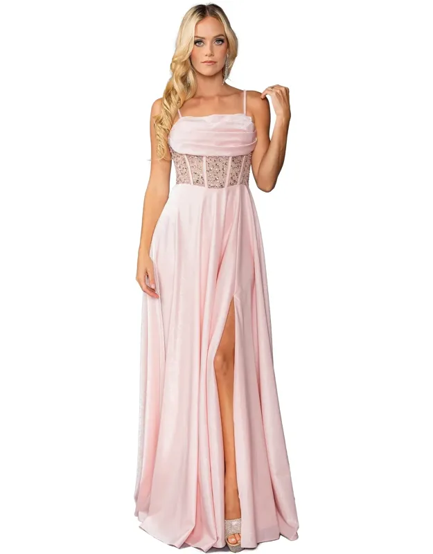 Embellished Sheer Bodice Gown With Draped Skirt And Thigh-high Slit