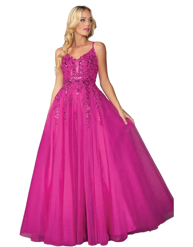 Beaded Bodice Tulle Ballgown With Sheer Plunge And Sleeveless Design
