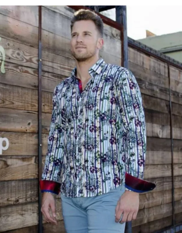 Flowers And Stripes Button Down Shirt With Trim