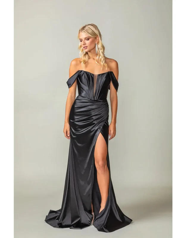 Satin Off-shoulder Gown With Draped Sleeves And Corset-style Lace-up Back Prom Dress