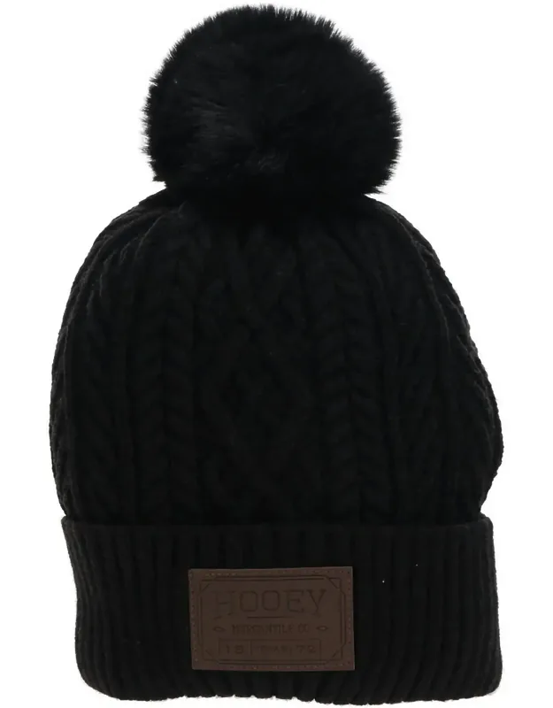 Winter Leather Patch Pom Beanie