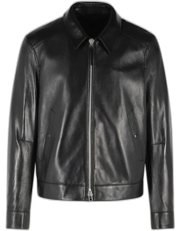 Black Leather Jacket With Rounded Collar And Double Slider Zip Closure