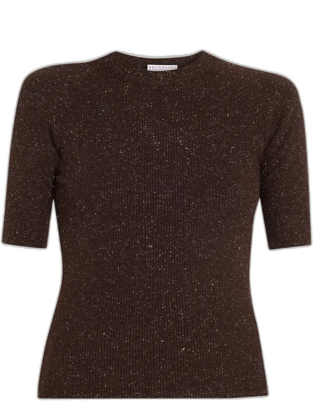 Metallic Rib Short-sleeve Crewneck Sweater
