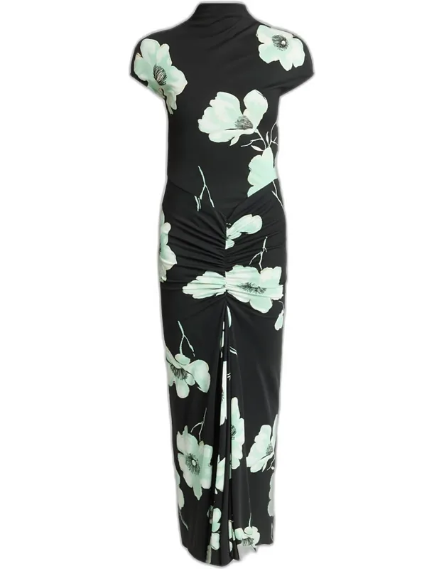 Draped Floral-print Jersey Maxi Dress