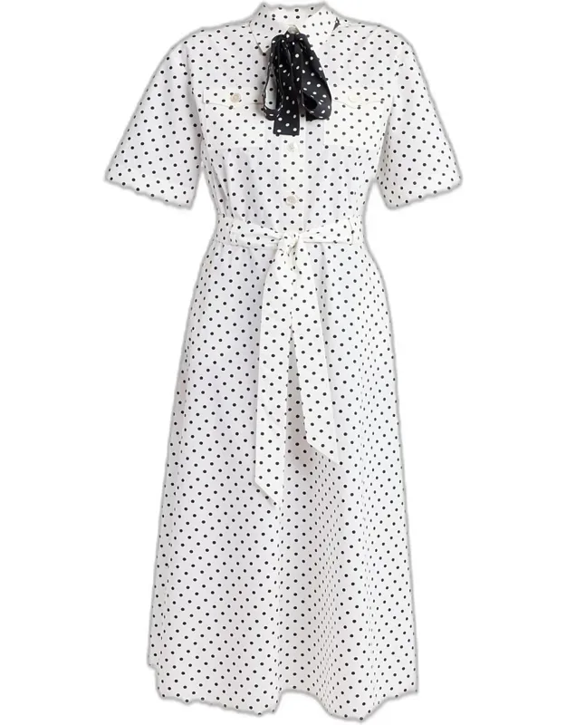 Polkadot-print Cotton Neck-scarf Midi Shirtdress
