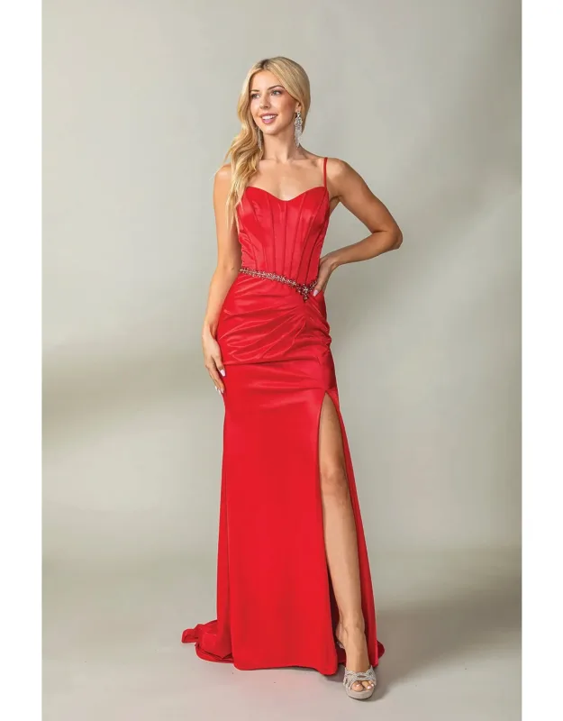 Silky Satin Gown With Jewel-encrusted Waistline And High Side Slit Prom Dress