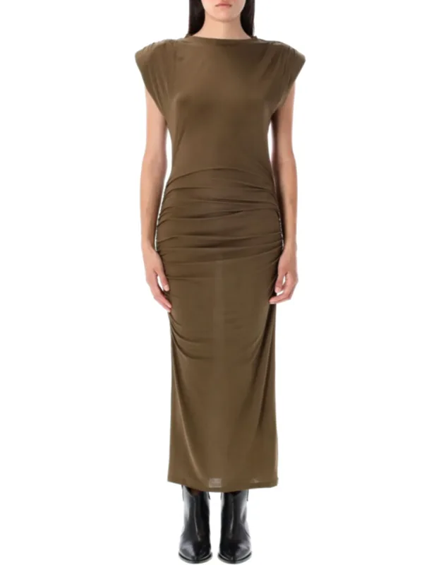 Ruched Structured Shoulder Midi Dress