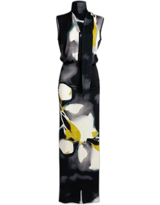 Scarf-neck Floral Sleeveless Maxi Dress