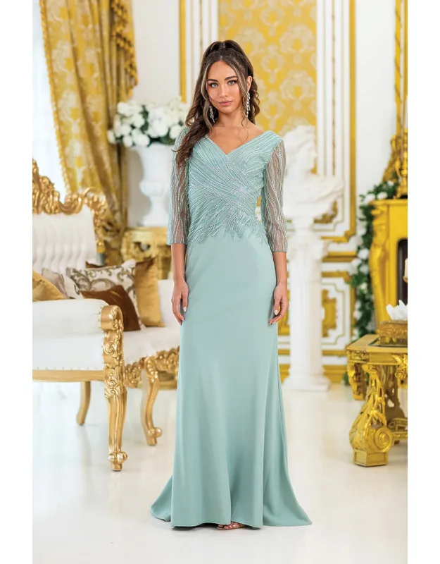 Elegant Long Sleeve Prom Dress With Intricate Beaded Design And Wrap Effect Bodice, Featuring A Flowing Silhouette For A Timeless Look