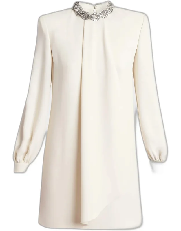 Embroidered Collar Draped Silk Mini Dress
