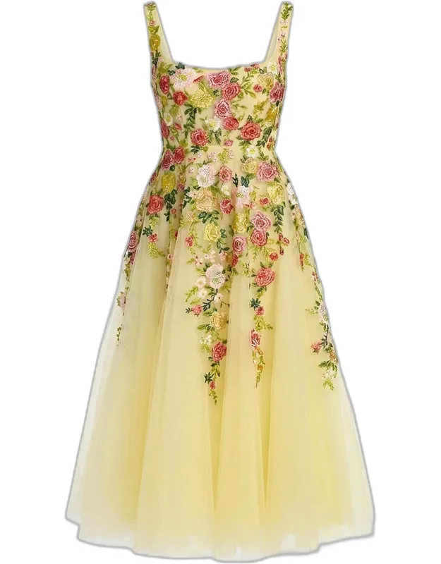 Floral-embroidered Tulle A-line Midi Dress
