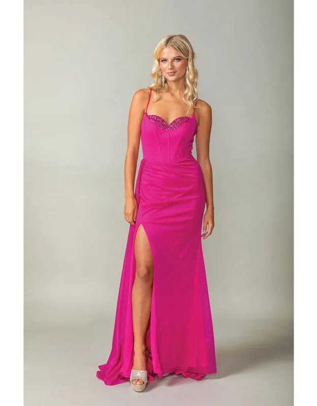 Spaghetti Strap Gown With Beaded Bust And Side Slit Detail