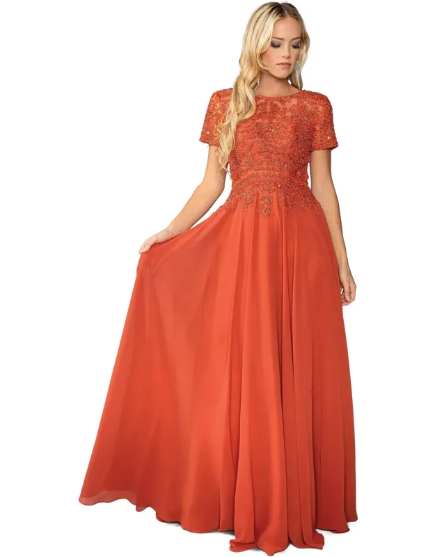 Lace-embellished Chiffon Gown With Cap Sleeves And Gathered Waist