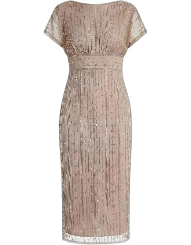 Beaded Mesh Sheath Midi Dress