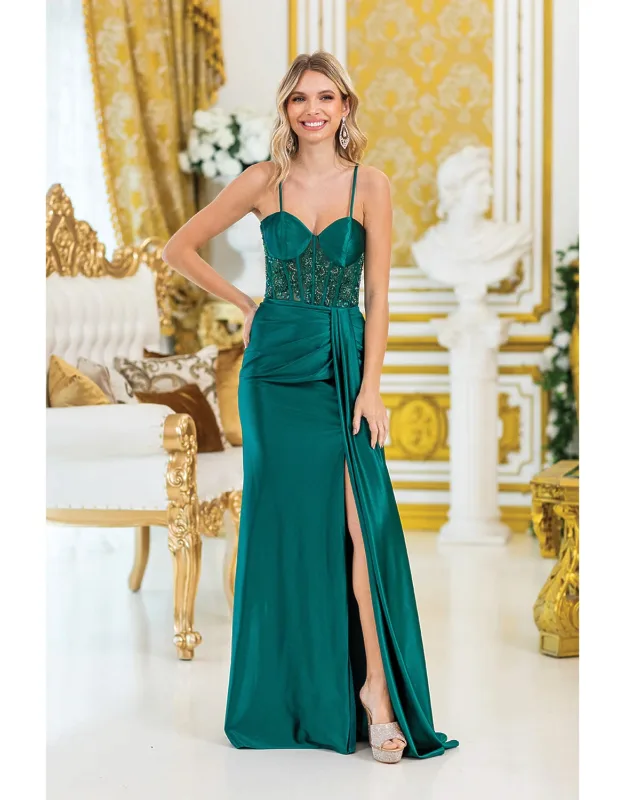 Elegant Spaghetti Strap Beaded Bodice Evening Gown With Thigh-high Slit And Draped Detail Prom Dress