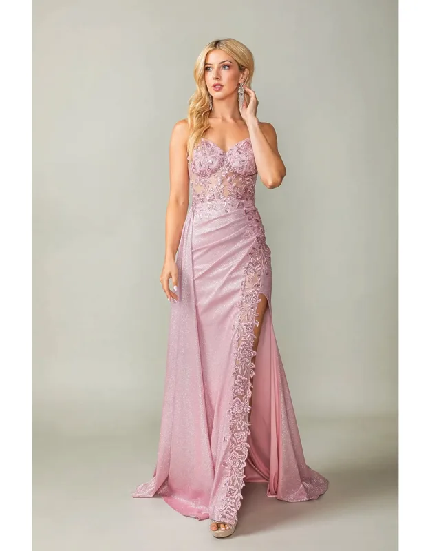 Spaghetti Strap Glitter Gown With Lace-up Back And Cascading Side Ruffle Prom Dress