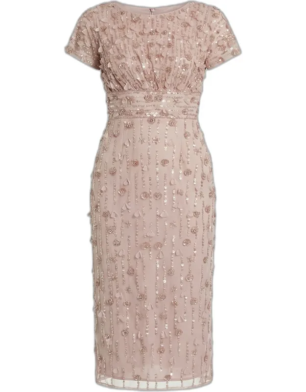 Beaded Tulle Sheath Midi Dress