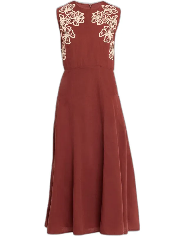 Sloane Midi Dress With Floral Embroidery And A-line Silhouette