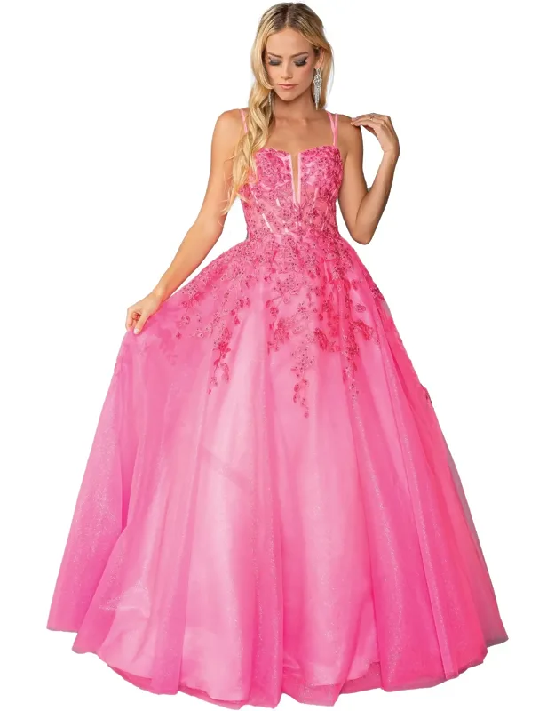 Lace Embellished Gown With Tulle Overlay And Crisscross Back Detail