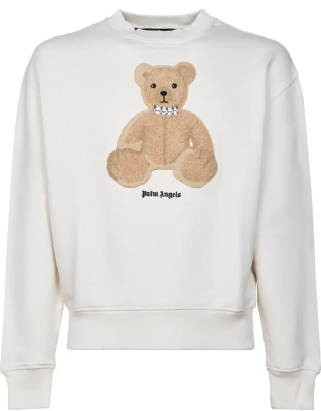 Crewneck Sweatshirt With Textured Teddy Bear Applique