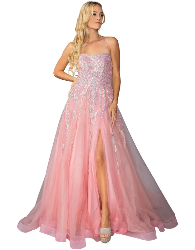 Sequined Tulle A-line Gown With Front Slit And Spaghetti Straps