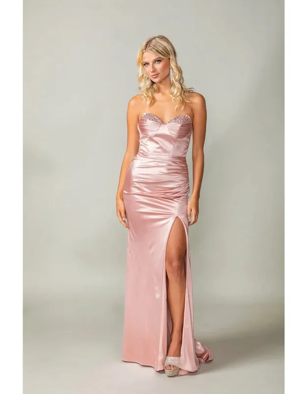 Ruched Satin Gown With Embellished Bustline And Side Slit