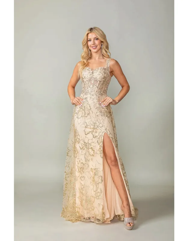 Lace Embroidered Gown With Sheer Overlay And High Slit