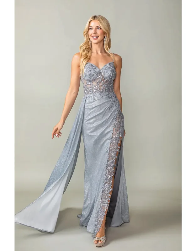 Spaghetti Strap Glitter Gown With Lace-up Back And Cascading Side Ruffle Prom Dress