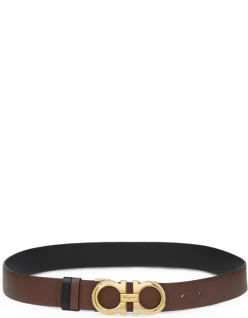 Leather Belt With Gold-tone Double Gancini Buckle
