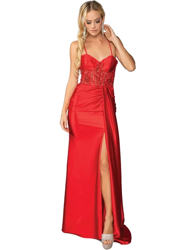 Elegant Spaghetti Strap Beaded Bodice Evening Gown With Thigh-high Slit And Draped Detail