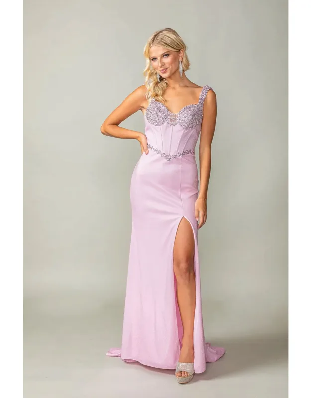 Elegant Floor-length Evening Gown With Rhinestone Embellishments And Lace-up Back Detail