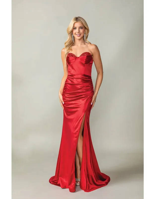 Ruched Satin Gown With Embellished Bustline And Side Slit