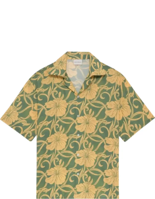 Short-sleeved Shirt With Intricate Hibiscus Pattern