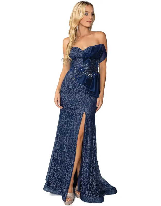 Off-shoulder Lace Overlay Gown With Jewel Accents And Thigh-high Slit