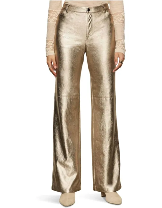 Cadence Relaxed Straight Pants - Textured Cotton Blend, Button Closure