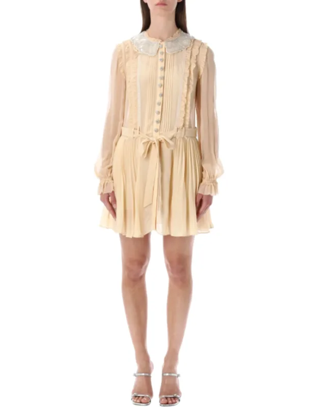 Pleated Georgette Shimmer Collar Mini Dress
