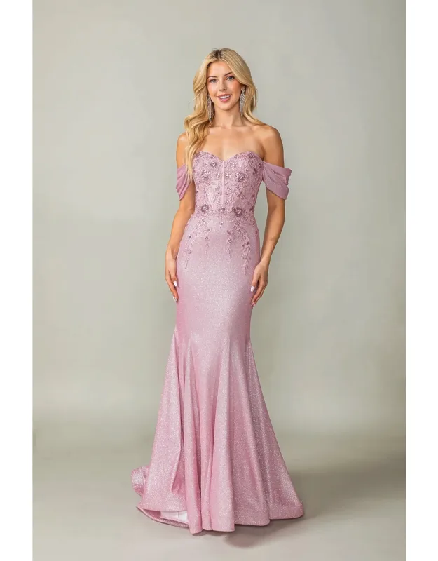 Glitter Gown With Off-shoulder Sleeves, Lace-up Corset Back, And Fishtail Train