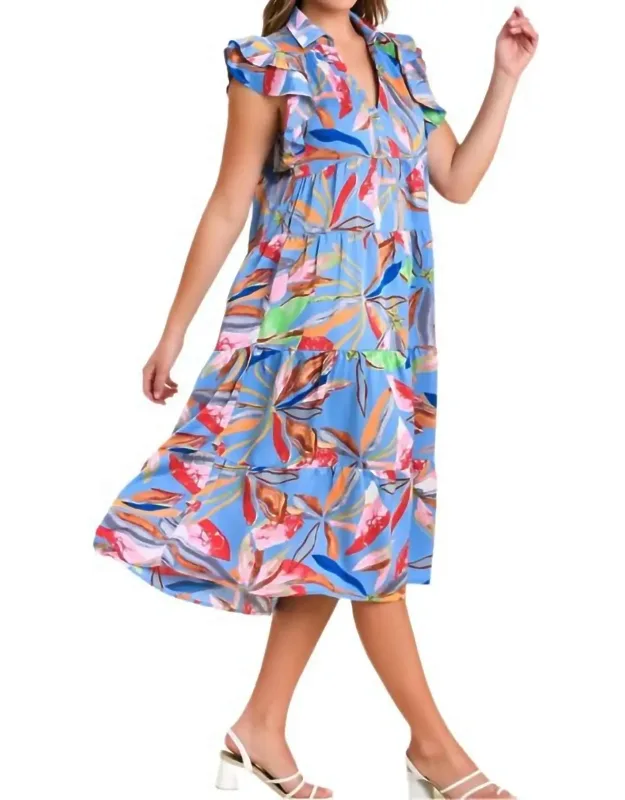 Leaf Print Tiered Midi Dress