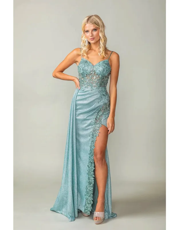 Spaghetti Strap Glitter Gown With Lace-up Back And Cascading Side Ruffle Prom Dress