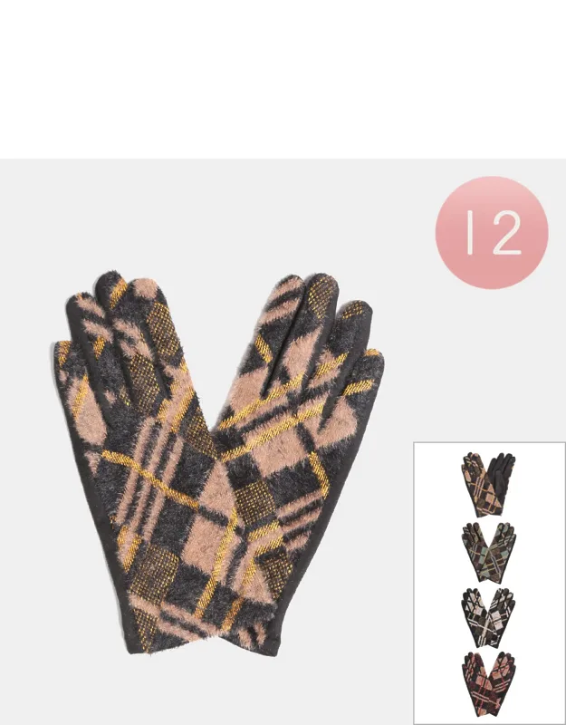 12 Pairs - Lurex Plaid Check Patterned Touch Smart Winter Gloves