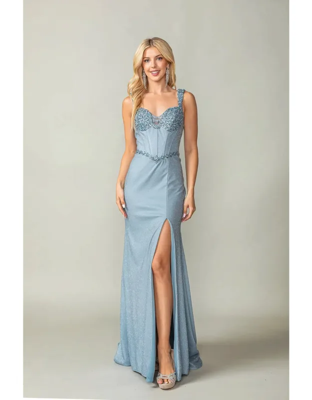 Elegant Floor-length Evening Gown With Rhinestone Embellishments And Lace-up Back Detail